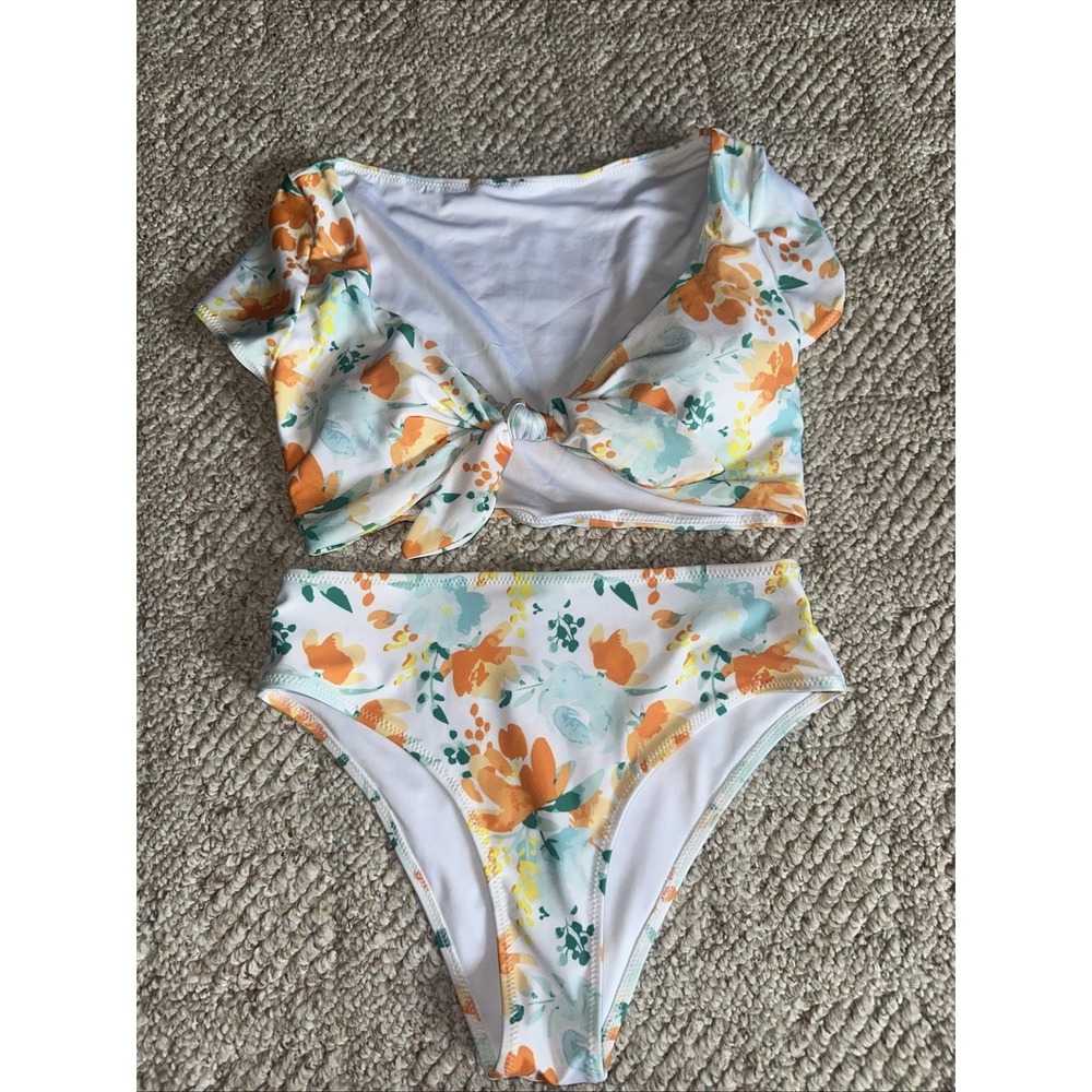 Womens Cupshe White Floral Bikini Set High Waisted Cheeky XS